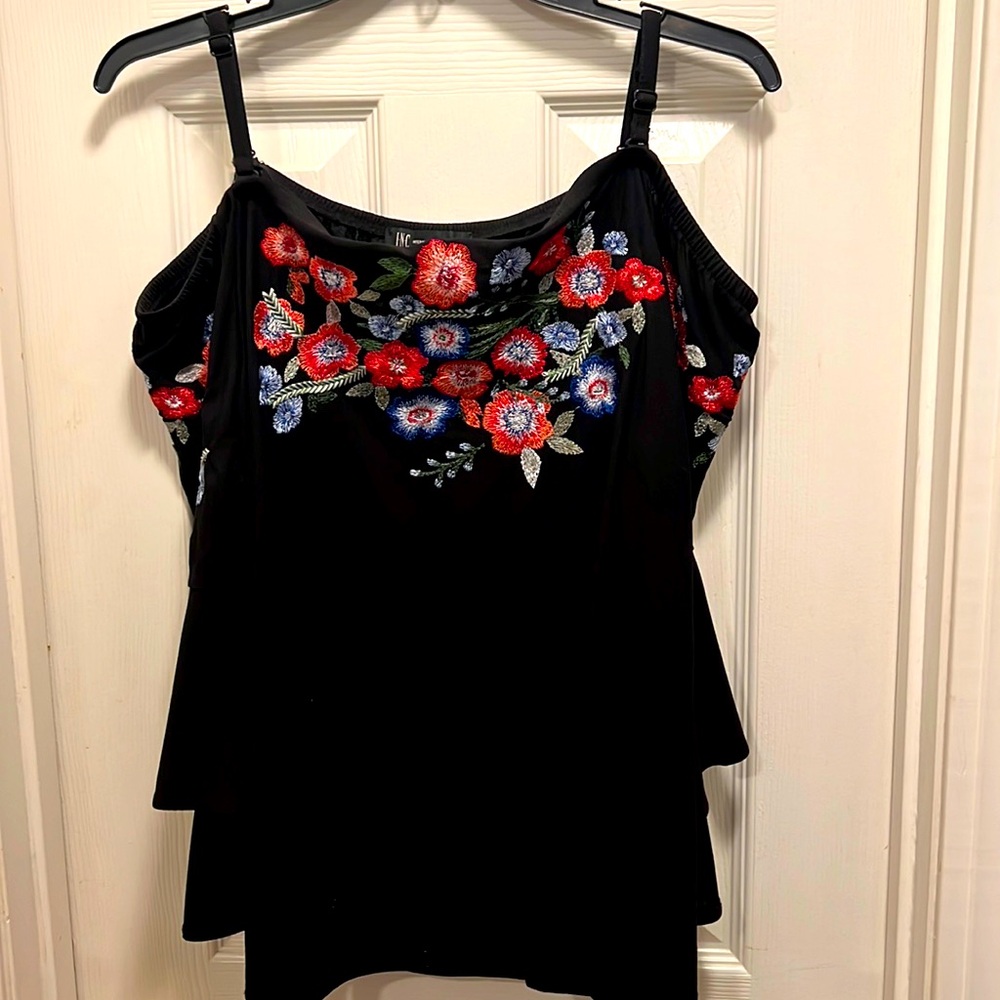 INC black embroidered floral off the shoulder blouse with straps